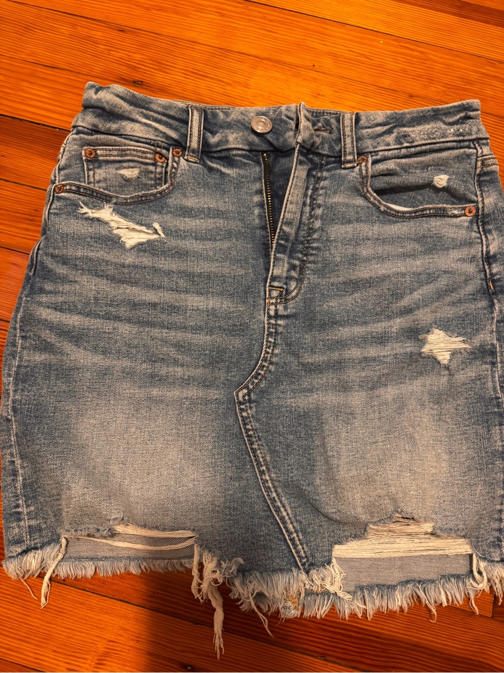 American Eagle Outfitters high rise curvy Light Blue Distressed Denim Mini Skirt